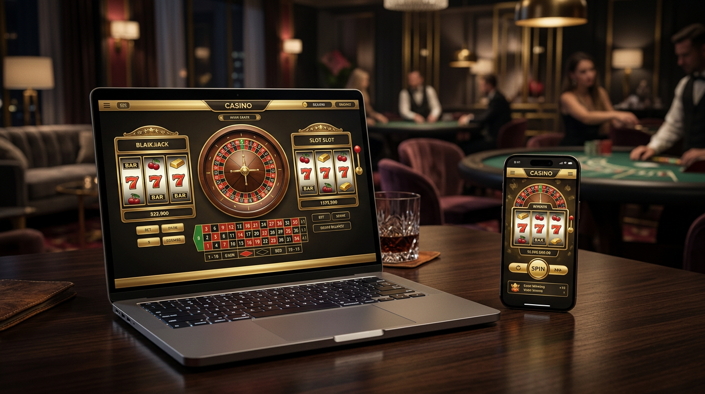 Modern luxury online casino interface displayed on digital devices in a professional setting
