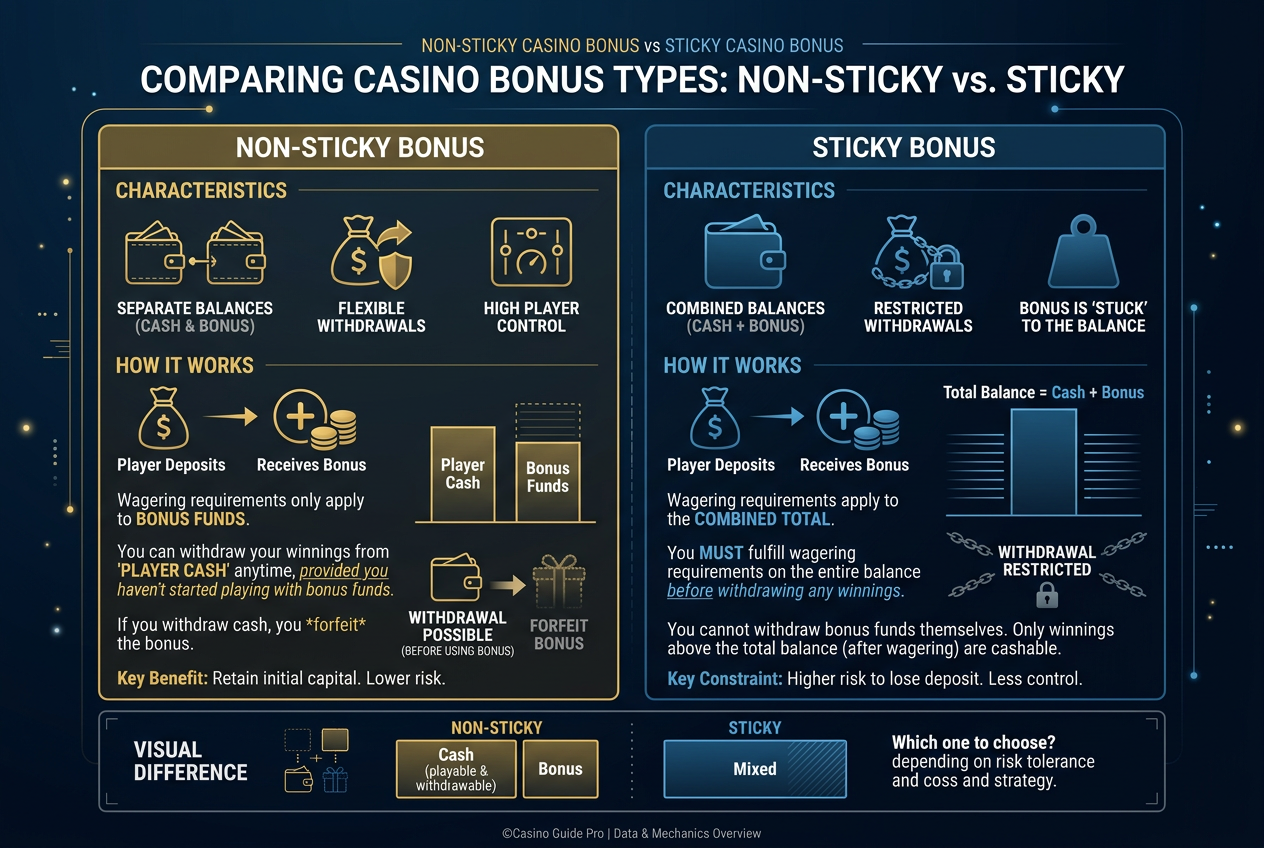 Infografika przedstawiająca różnice między bonusami sticky i non-sticky