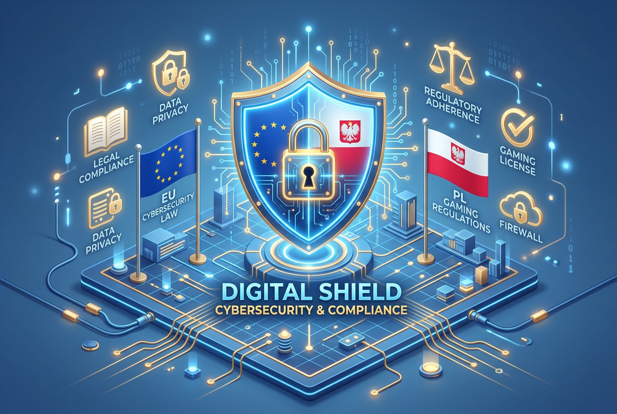 Cybersecurity and legal compliance concept featuring a 3D digital shield and padlock for online gaming safety